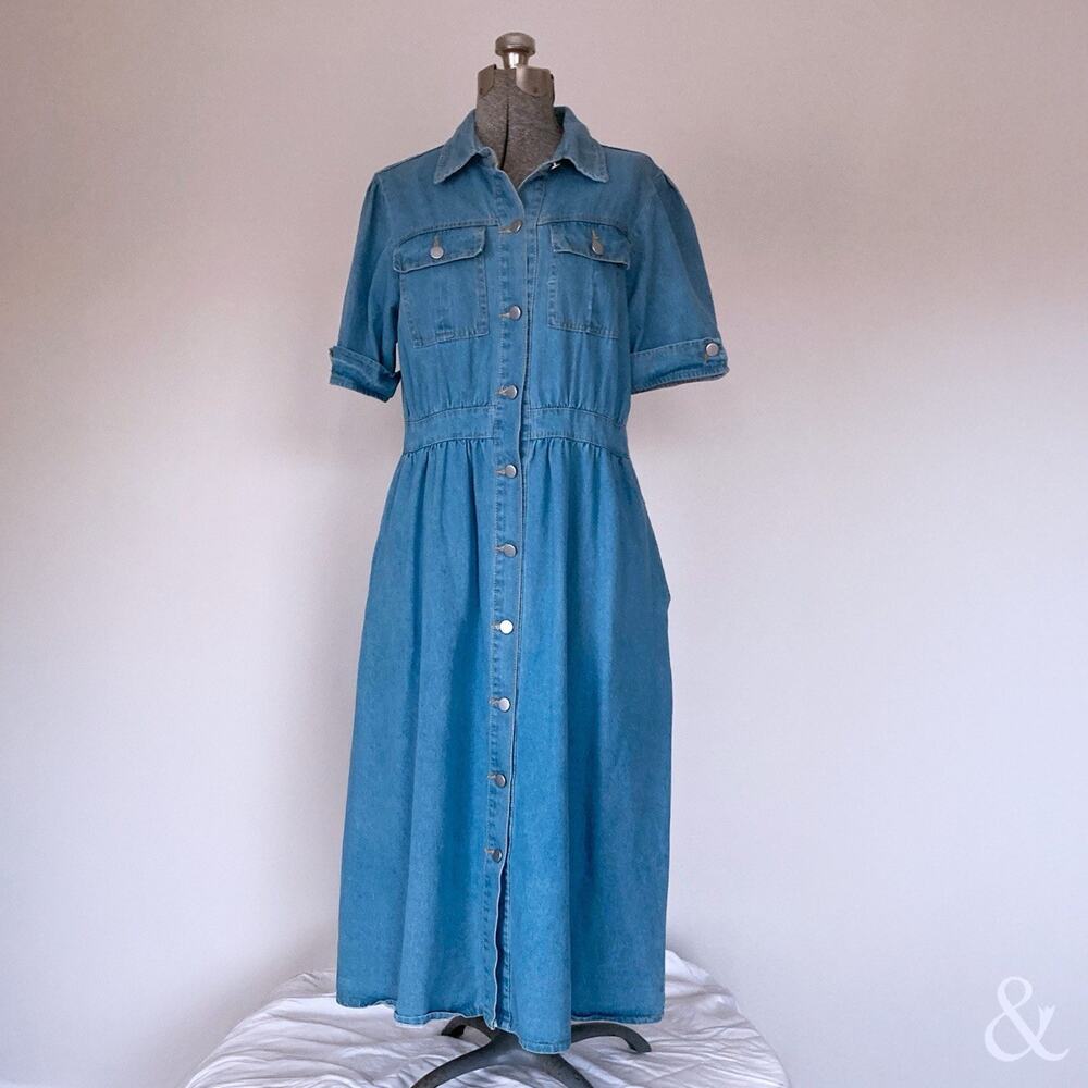 Denim Maxi Dress Button Front Short Sleeve Western Utility Prairie